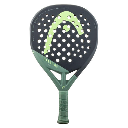 The HEAD Extreme Pro 2023 Padel Racket features a black and green design, multiple round holes, a large stylized logo, and "EXTREME" printed above the handle, delivering extreme power for advanced padel players.