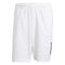 The adidas Men's 3 Stripe Padel Shorts in white feature an elastic waistband and a small black logo on the lower-left side. These shorts offer a simple, clean design with moisture-wicking fabric to keep you comfortable during intense matches.