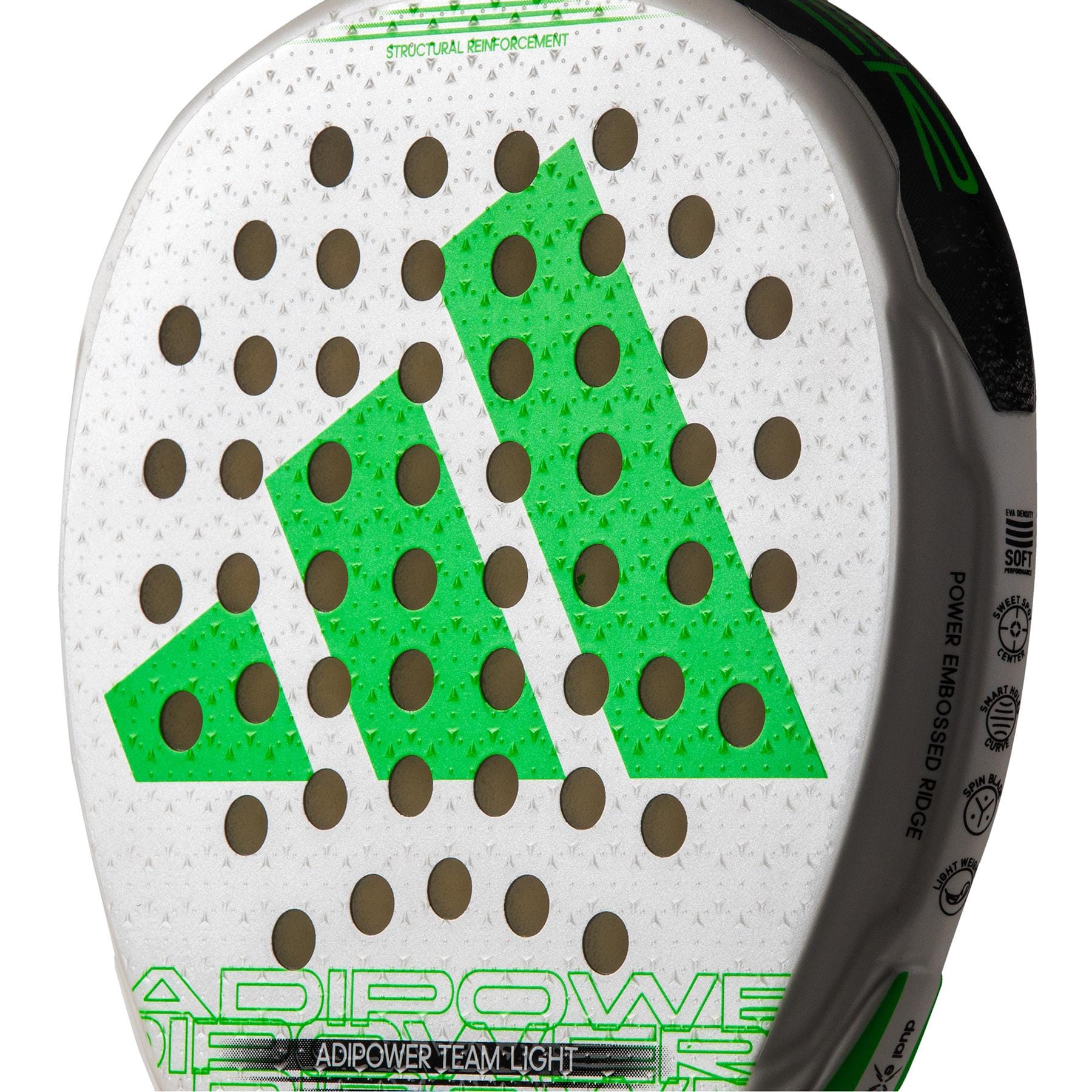 Close-up of the adidas ADIDAS Adipower Team Light 3.3 Padel Racket, a lightweight padel racket featuring a white surface with green geometric design and black circular holes. "Adipower" and "Adipower Team Light" appear at the bottom.