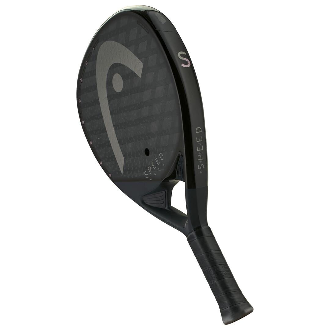 The HEAD Speed One X 2025 Padel Racket features a black design with a textured surface, Auxetic 2.0 technology, the HEAD logo and "SPEED" on the face and edge, and a handle wrapped in black grip tape.