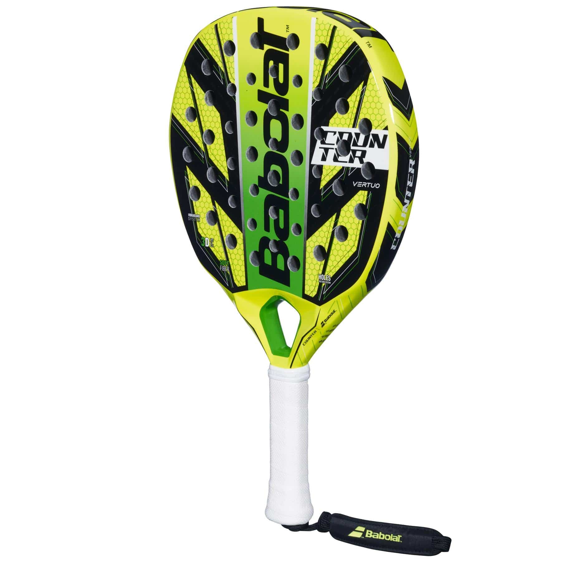 The Babolat Counter Vertuo Padel Racket features a yellow and black design with a white grip and wrist strap, offering easy power and showcasing the Babolat brand on the face.