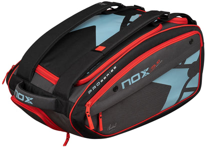 The NOX ML10 Team Padel Racket Bag - Black / Clay features black, gray, and light blue colors with red zippers and accents, "Nox" branding, multiple compartments, and sturdy handles for all your padel gear.
