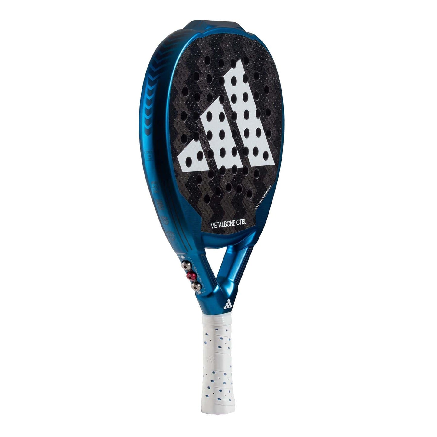 The adidas ADIDAS Metalbone CTRL 3.3 Padel Racket features a blue frame, white grip, and large white logo on its black dotted face—perfect for advanced players seeking precision. Displayed angled against a white background.