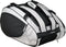 The NOX Luxury Master Series Padel Racket Bag in black and white offers multiple zippered compartments and sturdy handles, ideal for carrying your gear in style.