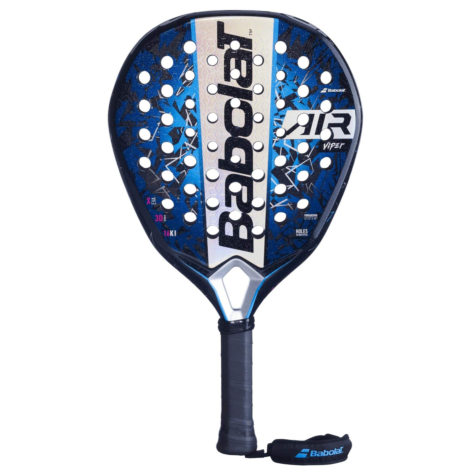 The Babolat Air Viper 2.5 Padel Racket is designed for Air Strikers, featuring a blue and black design, perforated face, branded logo, and a black handle with an attached wrist strap.