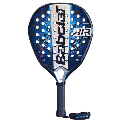 The Babolat Air Viper 2.5 Padel Racket is designed for Air Strikers, featuring a blue and black design, perforated face, branded logo, and a black handle with an attached wrist strap.