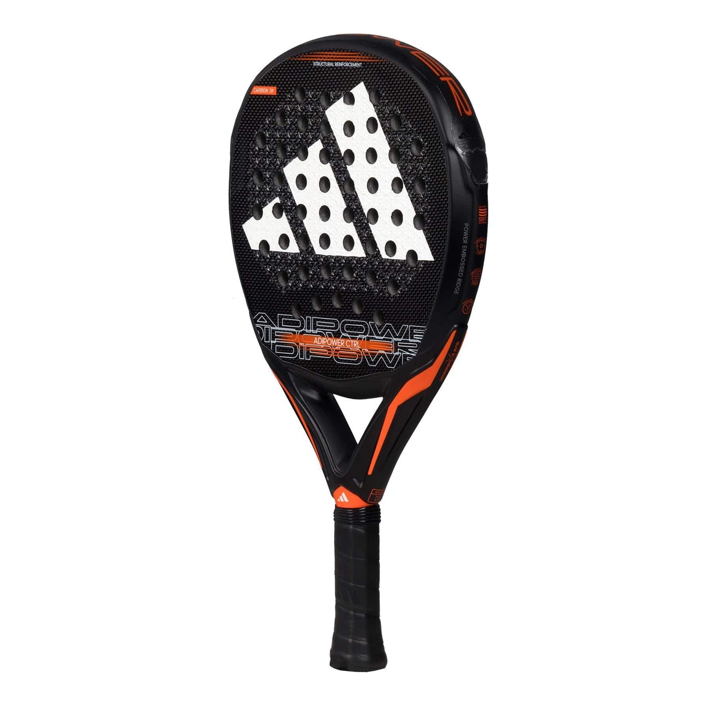 The adidas Adipower CTRL 3.3 padel racket is black with orange accents, a large white adidas logo on the perforated face, and "Adipower" and "Multiweight" text on the lower part of this control racket.