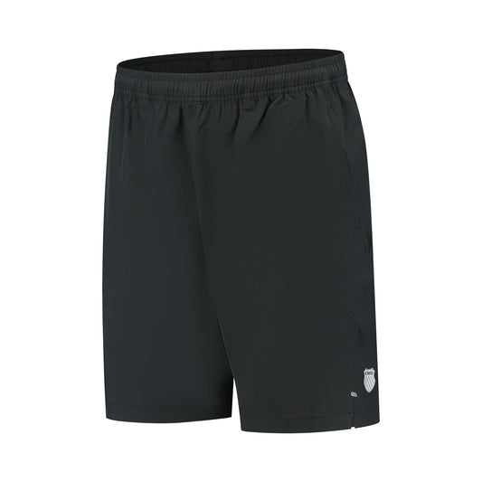 K-Swiss Hypercourt 7" Mens Padel Shorts 2 in black are made from four-way stretch polyester, featuring an elastic waistband and a discreet logo near the hem. Designed for comfort and style, these minimalist shorts are perfect for sports or casual wear.