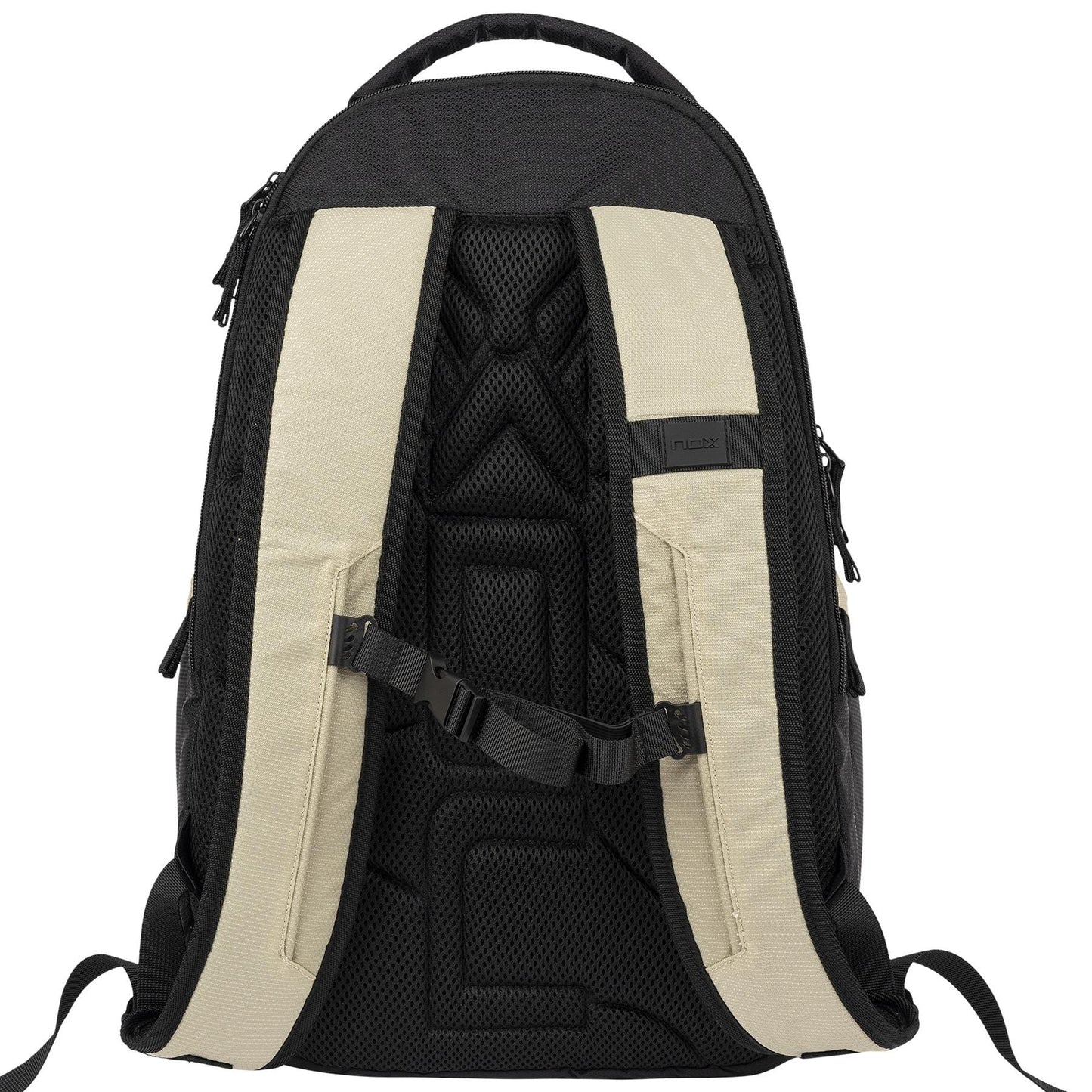 The NOX Street Series Padel Racket Bag - Black / Grey features beige padded straps, a top handle, chest strap, and mesh back panel. Designed for padel rackets with NOX ThermoTech protection—stylish and functional from NOX.
