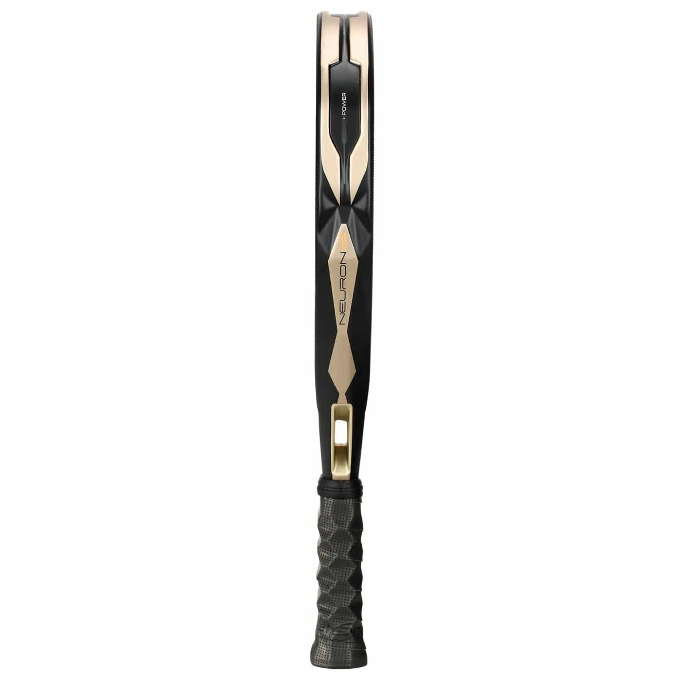 The Bullpadel Neuron 02 2026 Padel Racket features a black and gold design, a textured grip, and "NEURON" on the frame—perfect for players seeking a professional padel racket from Bullpadel.