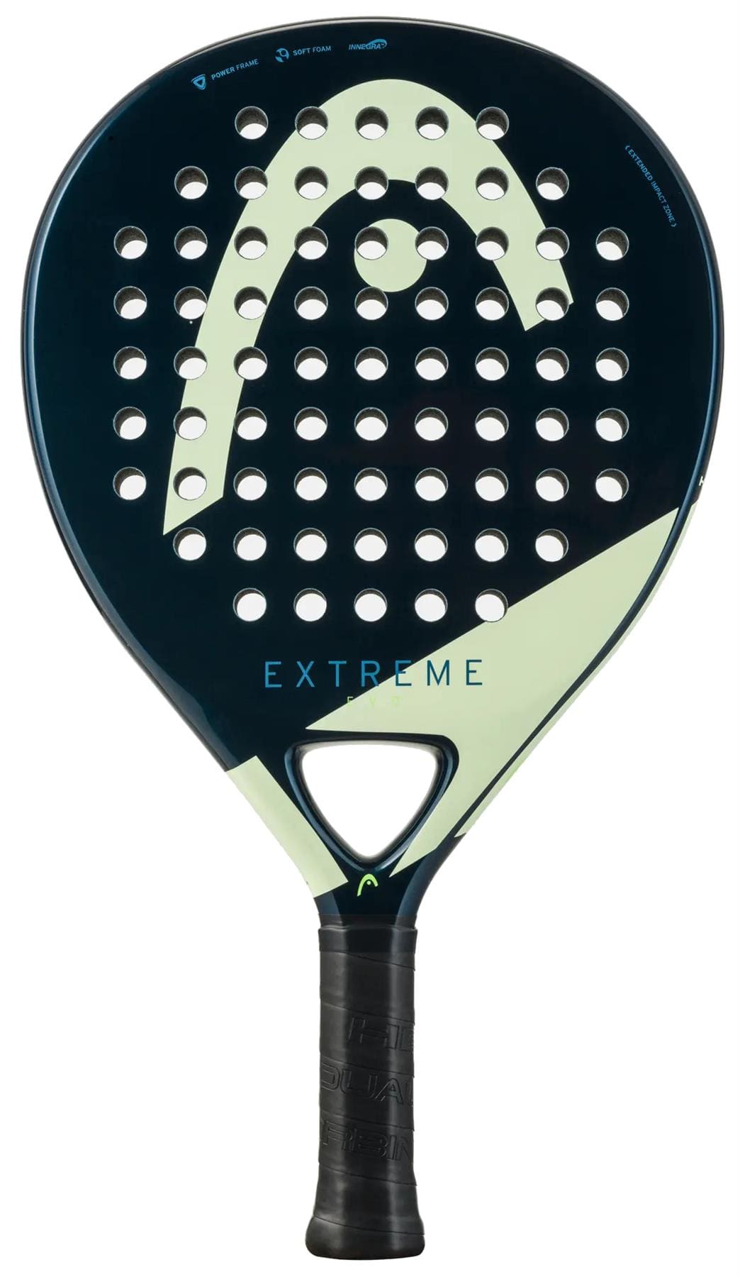 The HEAD Evo Extreme 2025 Padel Racket features a black and light green design, curved shape, multiple round holes, and "EXTREME" above the handle—ideal as a beginner-friendly padel racket.
