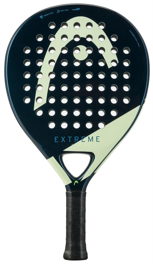 The HEAD Evo Extreme 2025 Padel Racket features a black and light green design, curved shape, multiple round holes, and "EXTREME" above the handle—ideal as a beginner-friendly padel racket.