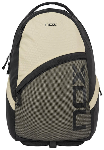 The NOX Street Series Padel Racket Bag in black and grey features a front zip pocket, mesh accents, and the NOX logo on the lower right—ideal for those who love urban style.