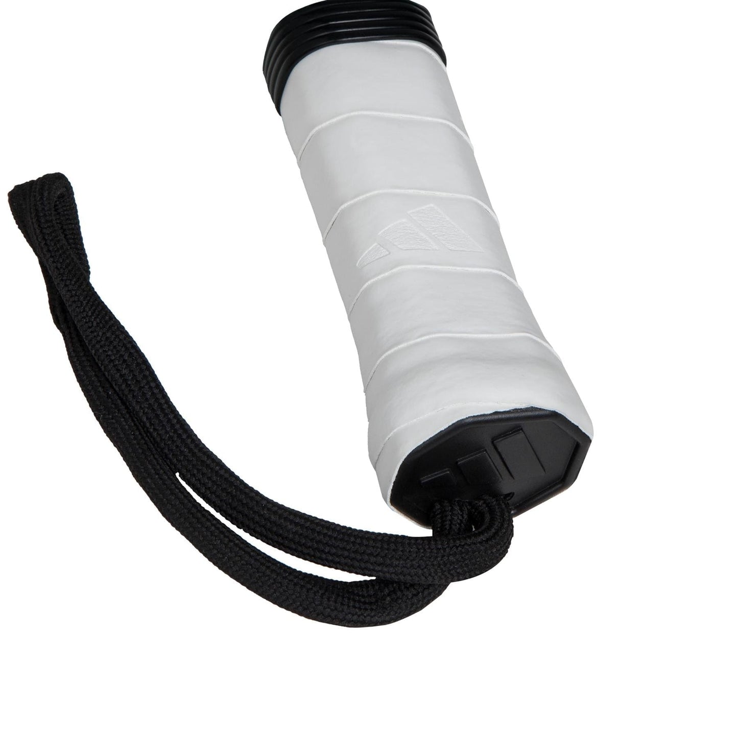 A close-up of the adidas Match Black 3.4 Padel Racket handle shows its white grip, black top and bottom, and a black wrist strap—perfect for beginners seeking quality in their padel equipment.