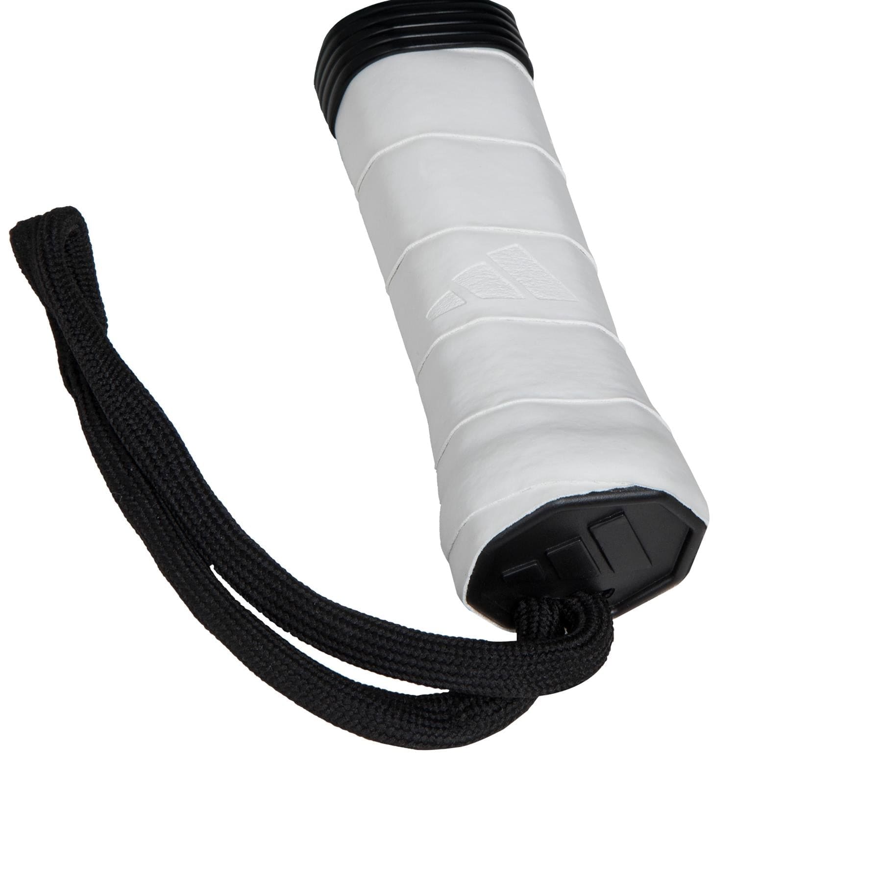 A close-up of the adidas Match Black 3.4 Padel Racket handle shows its white grip, black top and bottom, and a black wrist strap—perfect for beginners seeking quality in their padel equipment.