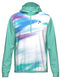 The HEAD Topspin Mens Padel Hoodie - TQXU by HEAD is a long-sleeve pullover with mint green sleeves and hood, made from moisture-wicking microfibre, featuring a wavy abstract front panel and a small logo on the chest.