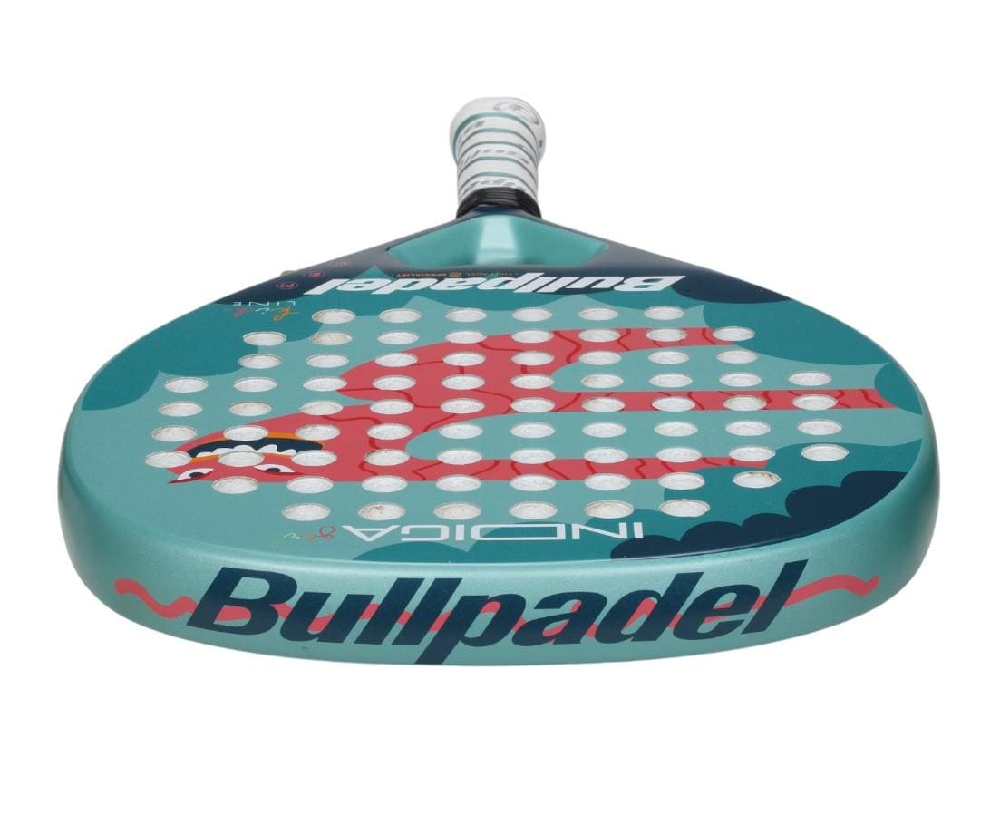 The Bullpadel Indiga Junior 25 Girls Padel Racket is a green kids’ padel racket with a red koi fish, wave patterns, white holes, and “Bullpadel” in bold dark blue on the edge—ideal for young players.