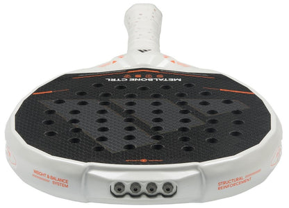 A close-up of the adidas Metalbone Ctrl 2026 padel racket shows its black face with circular holes, white frame, white grip tape on the handle, orange accents, and an adjustable weight system.