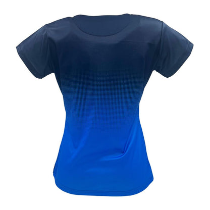 The Yonex YTL5 Women's Padel T-Shirt in Royal/Navy features a dark to bright blue gradient design with short sleeves and a pixelated pattern. Made with advanced moisture-wicking polyester, it ensures comfort during play.