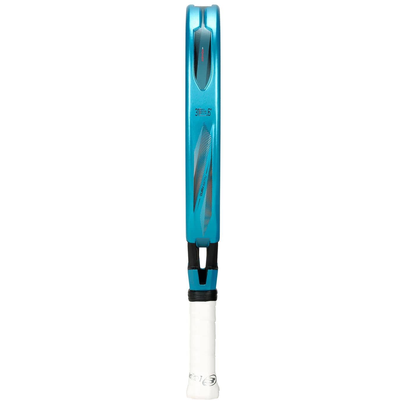 The Bullpadel Vertex 05 W 2026 Padel Racket by Bullpadel is shown from the side, highlighting its turquoise frame edge and white grip at the base.