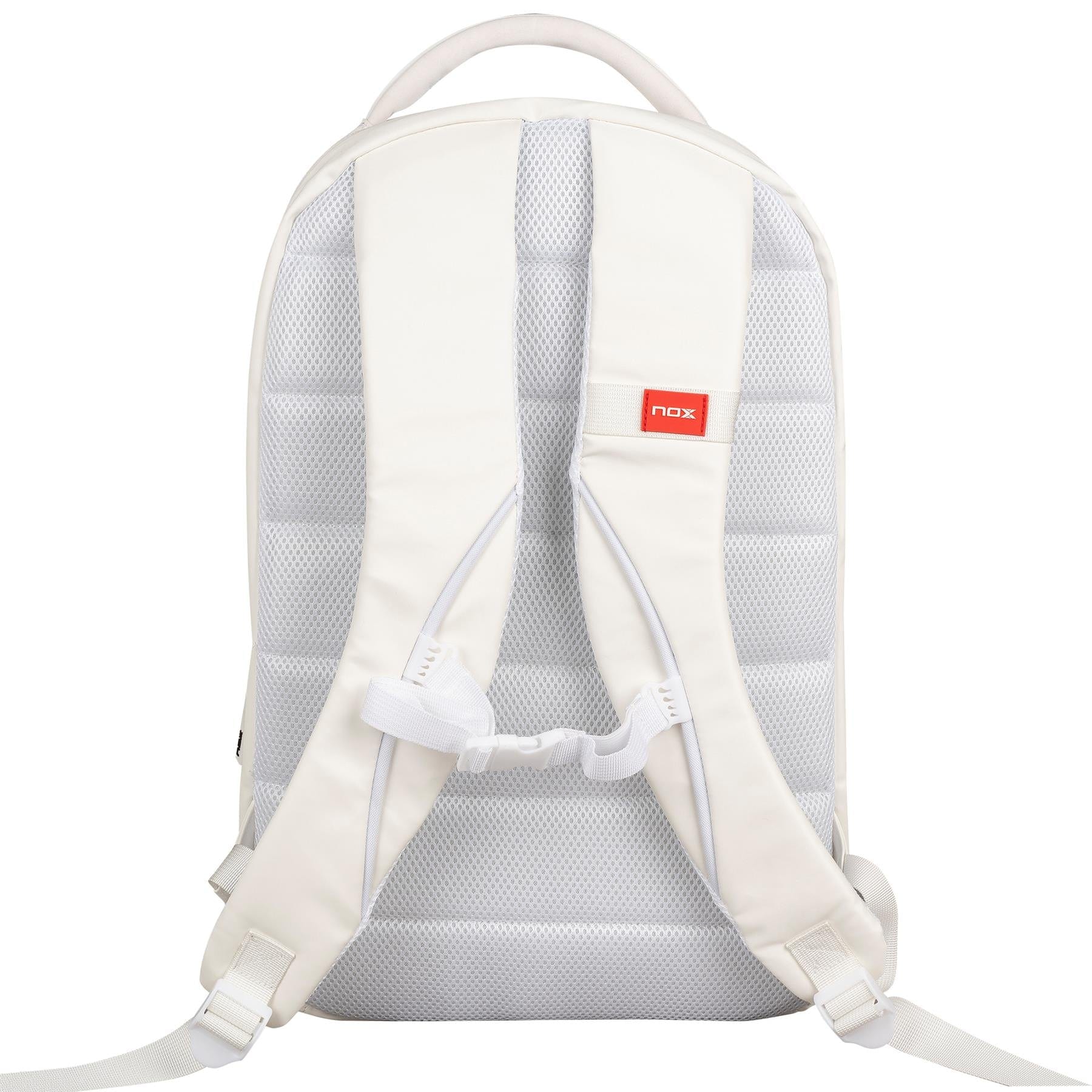 The NOX Pro Series Padel Backpack - White features padded gray mesh on the back and straps, a small red "nox" tag, adjustable straps, and a top handle—ideal for carrying your padel essentials.