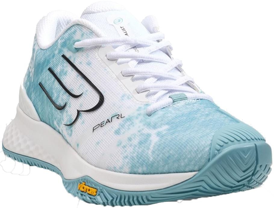 The Bullpadel Pearl Vibram 26V Womens Padel Shoes in Sky Blue feature a "W" logo, white laces, a textured blue Vibram outsole, and "PEARL" near the toe—perfect for players seeking style and grip.