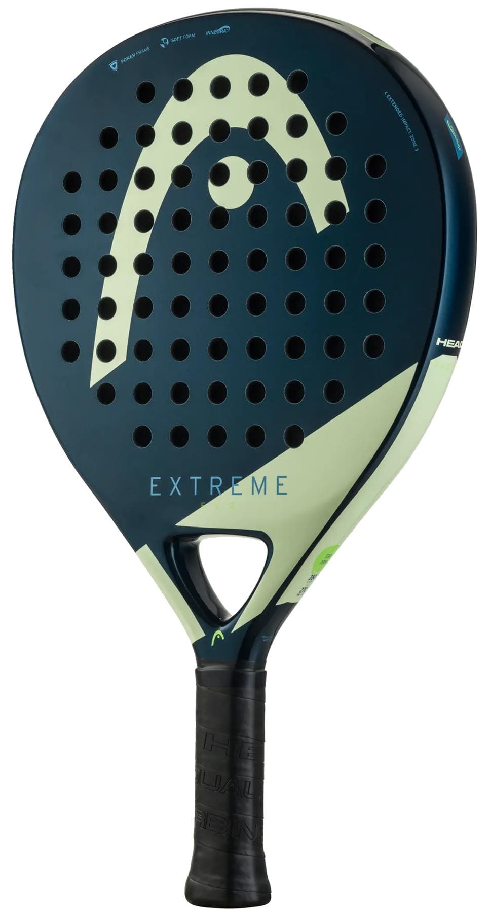 The HEAD Evo Extreme 2025 Padel Racket features a blue and light green design, a perforated face, and black handle—offering comfortable play for beginners.