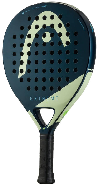 The HEAD Evo Extreme 2025 Padel Racket features a blue and light green design, a perforated face, and black handle—offering comfortable play for beginners.