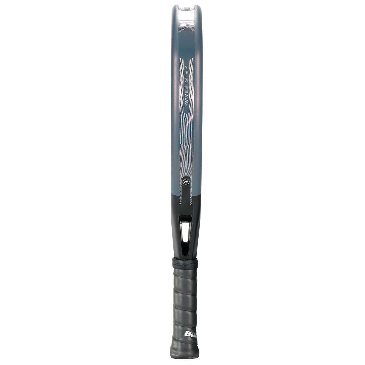 The Bullpadel XPLO Comfort 2026 Padel Racket, shown from the side, features a thin frame, black grip handle, dark gray color with blue accents, and a prominent Bullpadel logo for exceptional comfort.