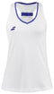 This Babolat Play Women's Padel Tank Top in white is designed with a sleeveless cut and features blue trimming around the neckline, complemented by a stylish blue bow detail on the back. Made from Fiber Dry-polyester, it also includes a small blue logo on the front left side, adding a chic touch to your athletic ensemble.