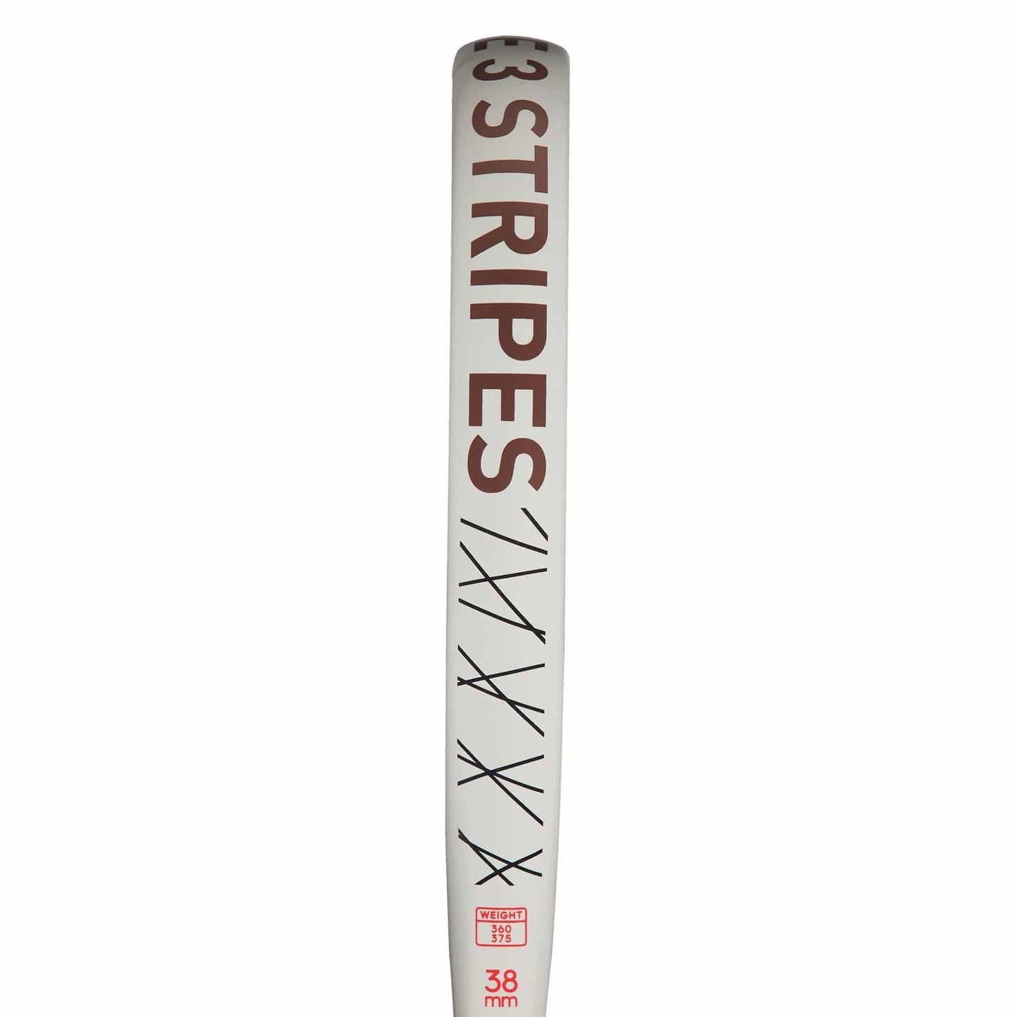 A close-up of the ADIDAS Drive 3.3 Vintage Padel Racket by adidas, featuring bold "3 STRIPES" lettering in brown, tally marks beneath it, and "38 mm" in red at the base—recalling adidas's signature sleek style.