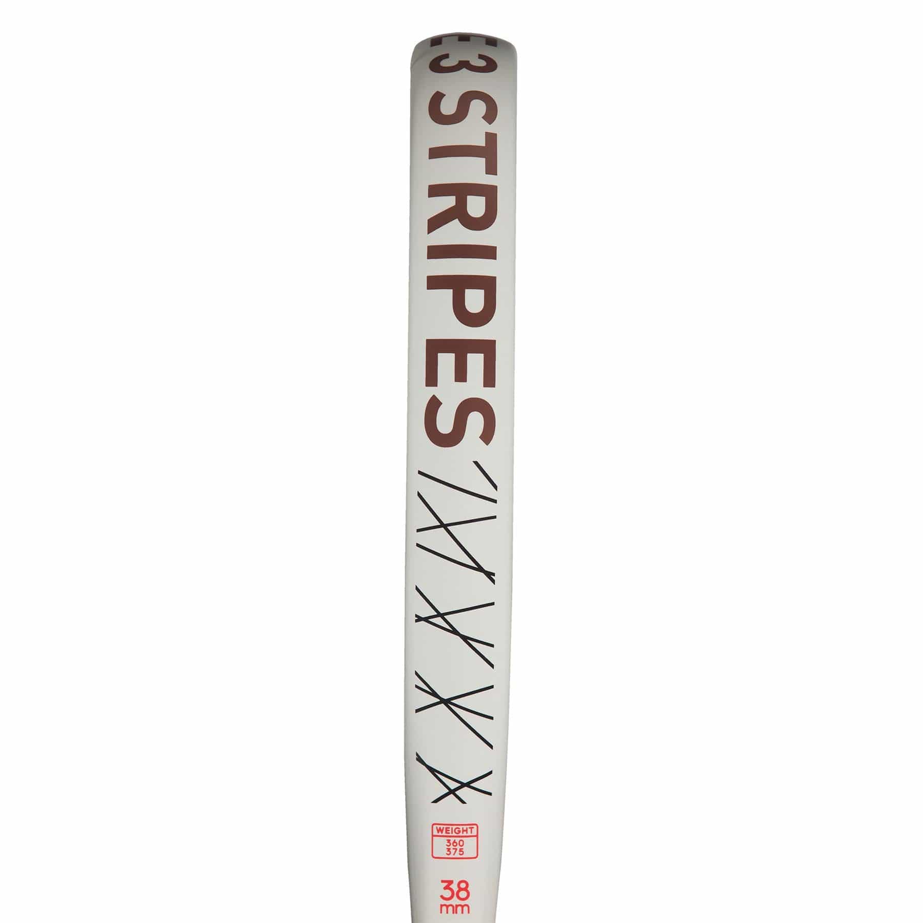 A close-up of the ADIDAS Drive 3.3 Vintage Padel Racket by adidas, featuring bold "3 STRIPES" lettering in brown, tally marks beneath it, and "38 mm" in red at the base—recalling adidas's signature sleek style.