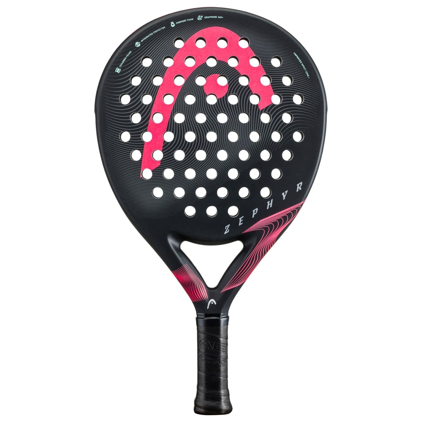 The HEAD Zephyr 2023 Padel Racket features a black design with pink accents, "ZEPHYR" on the face, circular holes, Graphene 360+ technology, and a black grip-wrapped handle.