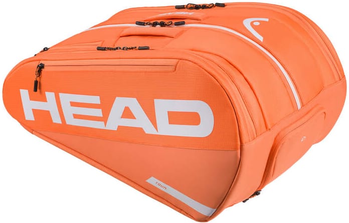 The HEAD Tour 2026 Padel Racket Bag L in orange features a white logo, multiple zippered compartments, and top handle—ideal for transporting padel or tennis racquets and gear.