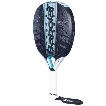 The Babolat Stima Energy Padel Racket features a black and blue design with a white grip and wrist strap, perforations, and prominent Babolat branding. This lightweight racket is perfect for optimal padel performance.
