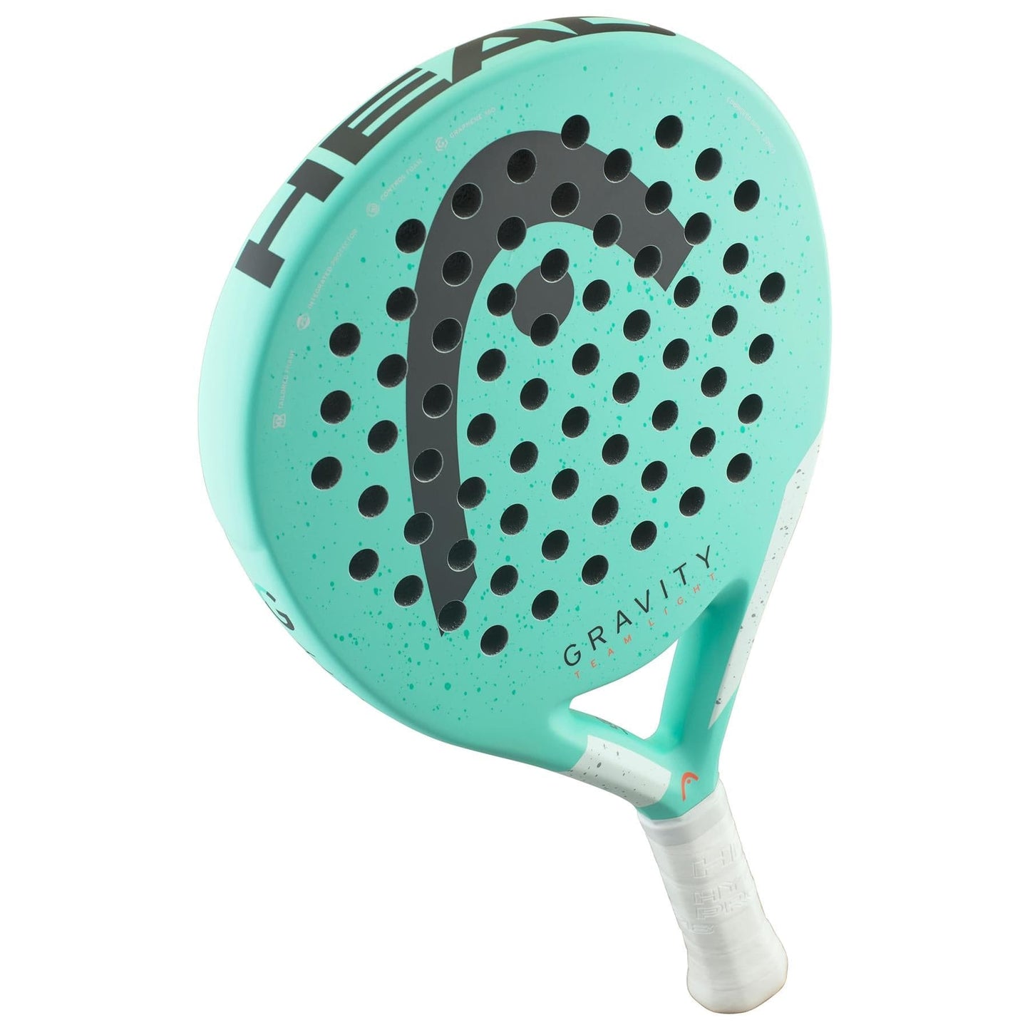 The HEAD Gravity Team Light 2024 Padel Racket, in turquoise with a black logo and "GRAVITY" near the handle, features multiple face holes and a white grip tape for comfort—ideal for intermediate padel players.