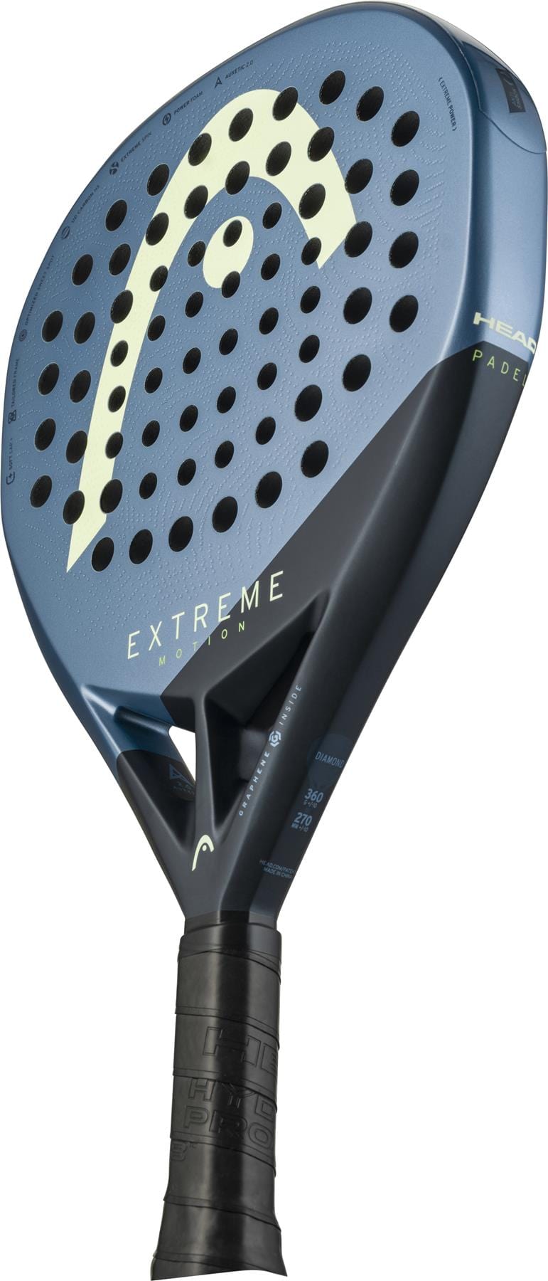 The HEAD Extreme Motion 2025 Padel Racket by HEAD features a perforated blue and black face with a large logo and wrapped grip, photographed on a white background. This racket is designed for dynamic, powerful play.