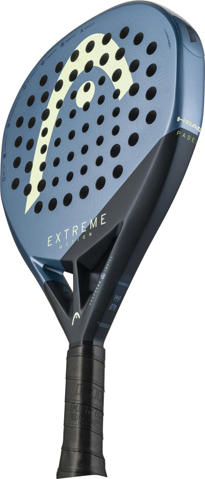 The HEAD Extreme Motion 2025 Padel Racket by HEAD features a perforated blue and black face with a large logo and wrapped grip, photographed on a white background. This racket is designed for dynamic, powerful play.