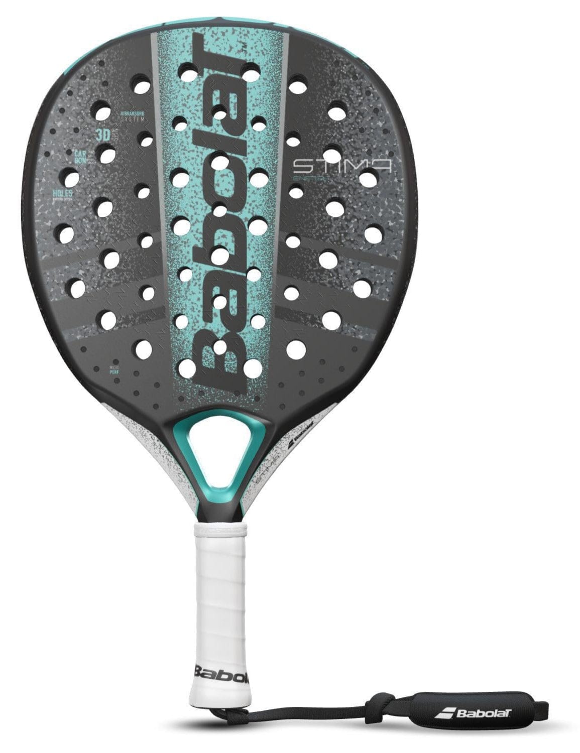 The Babolat Stima Energy Padel Racket is a lightweight model featuring a black, turquoise, and white design with perforated holes, a white padded grip, and a black wrist strap attached to the handle.