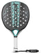 The Babolat Stima Energy Padel Racket is a lightweight model featuring a black, turquoise, and white design with perforated holes, a white padded grip, and a black wrist strap attached to the handle.