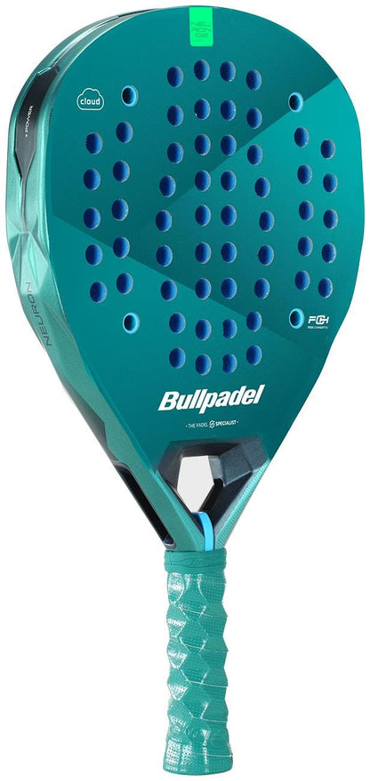 The Bullpadel Neuron 02 Cloud 2026 Padel Racket features a perforated face, black edge detailing, and a textured teal grip for enhanced control, all showcased against a white background.