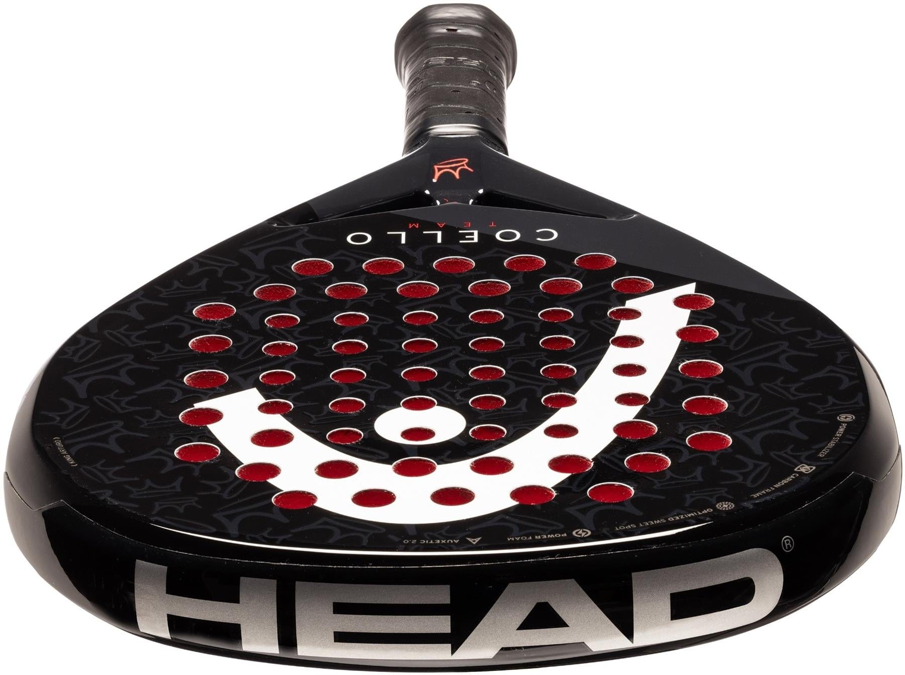 The HEAD Coello Team 2025 Padel Racket by HEAD features a black design with red circular holes, a large white logo, bold silver "HEAD" on the edge, Auxetic 2.0 technology, and "COELLO" near the handle.