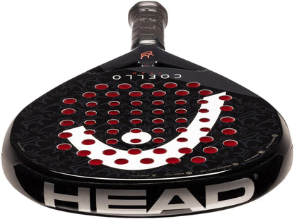 The HEAD Coello Team 2025 Padel Racket by HEAD features a black design with red circular holes, a large white logo, bold silver "HEAD" on the edge, Auxetic 2.0 technology, and "COELLO" near the handle.