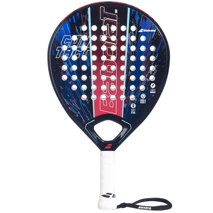 The Babolat Contact Padel Racket is a great choice for beginners, featuring a dark blue, red, and white design with an oval perforated head, white grip, wrist strap, and the Babolat logo on the face.