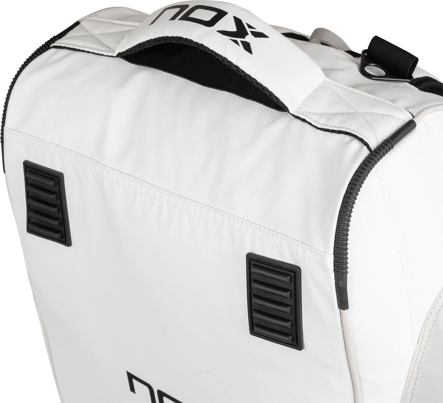 Close-up of the top section of the NOX ML10 Team Padel Racket Bag - White / Grey by NOX, featuring black zippers, a white handle with black trim, and side ventilation panels—perfect as your go-to padel bag.