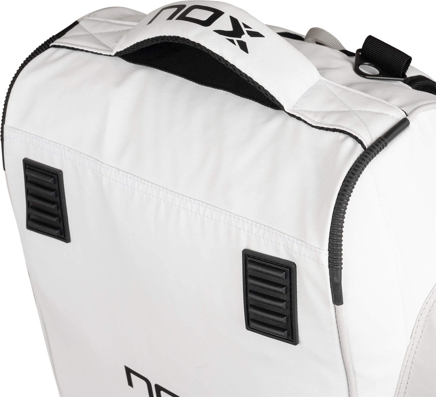 Close-up of the top section of the NOX ML10 Team Padel Racket Bag - White / Grey by NOX, featuring black zippers, a white handle with black trim, and side ventilation panels—perfect as your go-to padel bag.