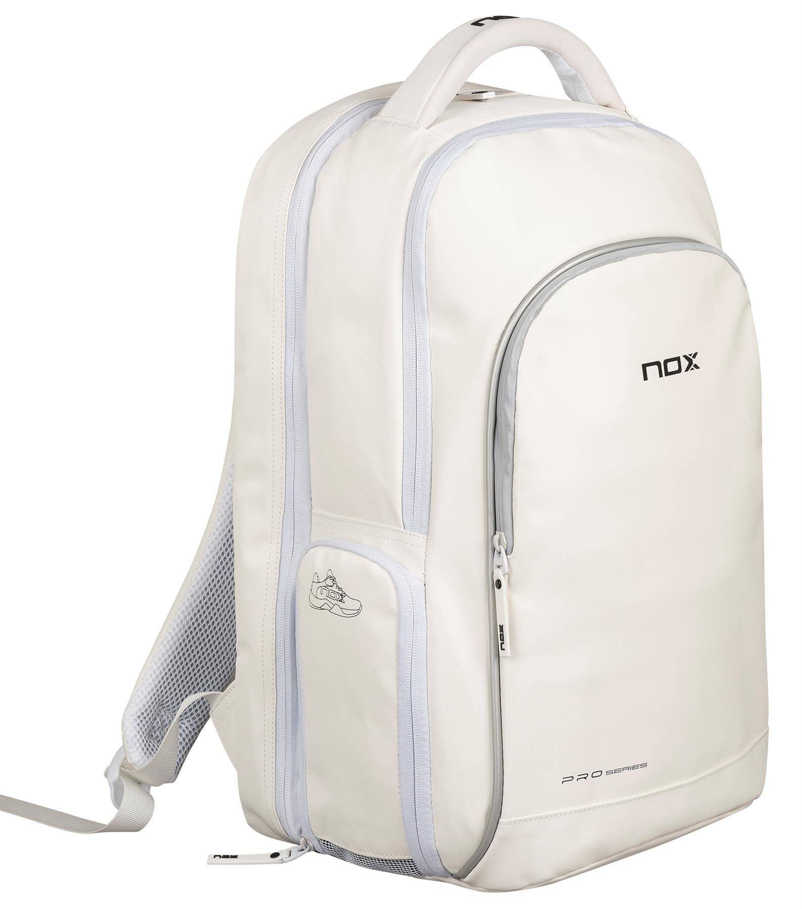 The NOX Pro Series Padel Backpack - White by NOX features a large main compartment, front zip pocket, side shoe pocket, top handle, and light gray zippers with mesh details for a stylish padel-ready look.