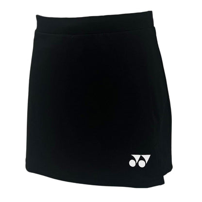 Introducing the Yonex YSKT2024 Women's Padel Skirt/Skort in black with a white logo featuring two circles and a triangle on the bottom right. This straight-hem athletic skirt is made of moisture-wicking fabric, ideal for intense matches.
