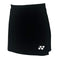 Introducing the Yonex YSKT2024 Women's Padel Skirt/Skort in black with a white logo featuring two circles and a triangle on the bottom right. This straight-hem athletic skirt is made of moisture-wicking fabric, ideal for intense matches.