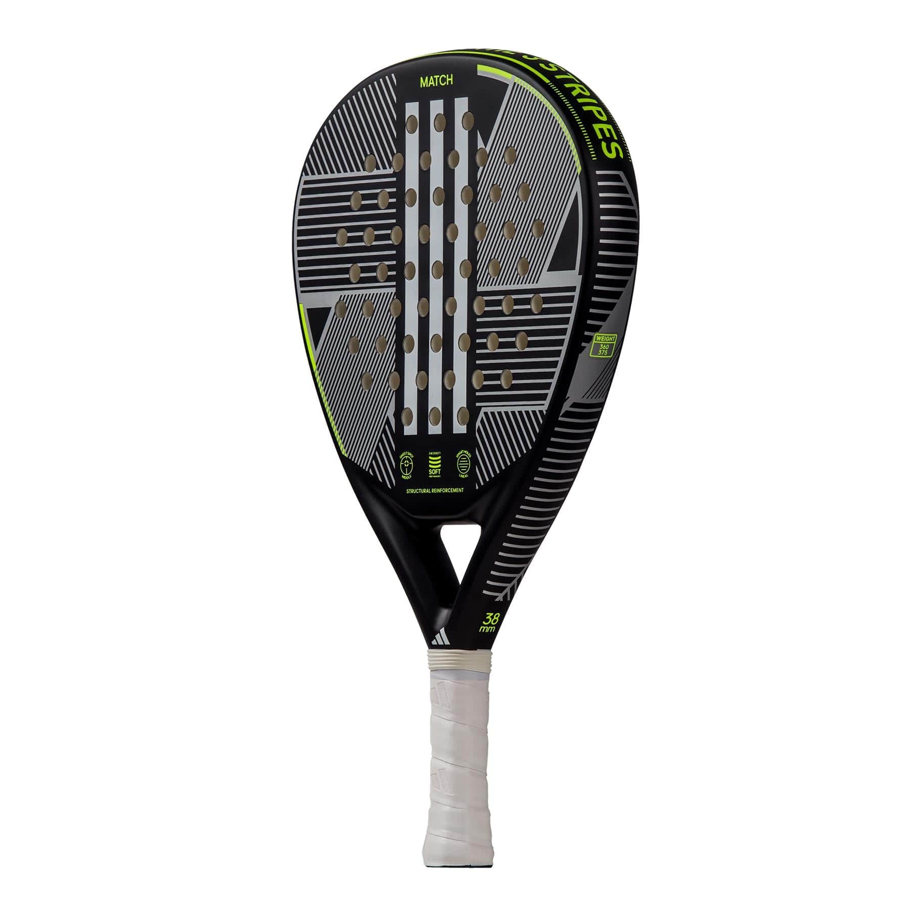 The adidas Match 3.3 Black / Lime Padel Racket features a teardrop shape, black and gray design with lime accents, a white grip, a geometric face pattern, and "MATCH" near the top—ideal for beginners.